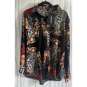 NEW Funky Pretty Little Thing Black Print Oversized Satin Blouse Size 8